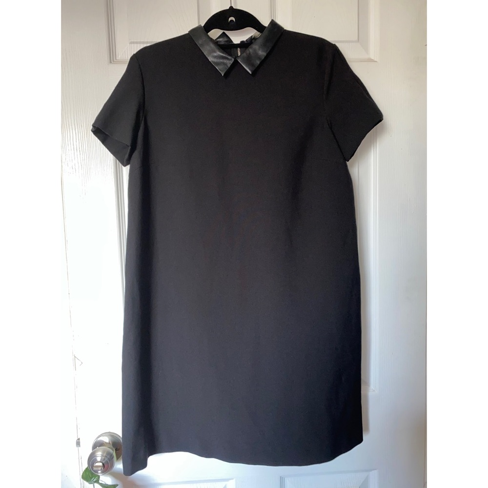 Zara basics black dress with faux leather collar